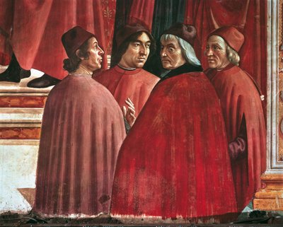 Stories of the Virgin Mary: Annunciation to Zacharias, detalj av Cristoforo Landino, Angelo Poliziano og Marsilio Ficino, ca. 1485-90 (fersk) av Domenico Ghirlandaio