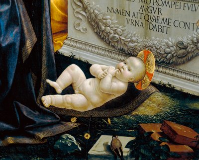 Barnet Kristus; detalj av maleriet som viser tilbedelsen av hyrdene av Domenico Ghirlandaio