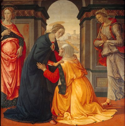 Besøk: Jomfru Maria besøker Elisabeth, mellom Marie Jacobie og Marie Salome, vitner til korsfestelsen og oppstandelsen, Maleri av Domenico Ghirlandaio (1449-1494) 1491 av Domenico Ghirlandaio