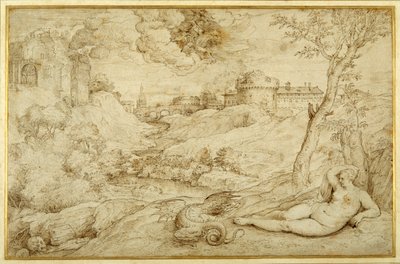 Landskap med Roger og Angelica, fra 'Orlando furioso', X, etter Titian (penn og brunt blekk på papir) av Domenico (attr. to) Campagnola