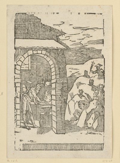 Metallenes kall. Hefaistos (Vulkan) og en lærd står ved smedens ild, mens gudene (som representanter for metallene) gjemmer seg ute i klippene: Saturn (bly), Jupiter (tinn), Venus (kobber), Luna (sølv), Merkur (kvik av Domenico Beccafumi