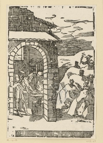 Metallenes kall. Hefaistos (Vulkan) og en lærd står ved ilden i en smie, mens gudene (som representanter for metallene) er skjult ute i klippene: Saturn (bly), Jupiter (tinn), Venus (kobber), Luna (sølv), Merkur (kvik av Domenico Beccafumi