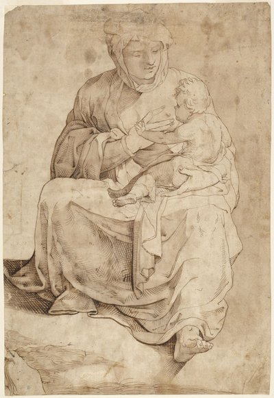 Sittende Madonna som ammer barnet, fra et innlagt gulvpanel i katedralen i Siena av Domenico Beccafumi