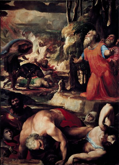The Punishment of Core (Kore), Dathan (Datan, Nathan) og Aboron (Abiram) (The Punishment of Celestial Fire, episode av levittenes opprør mot Moses og lovens autoritet). Maleri av Domenico Beccafumi (1486-1551) av Domenico Beccafumi