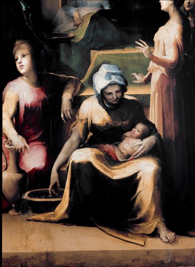 Jomfruens fødsel. Detalj som viser en hushjelp med den nye do. Maleri av Domenico Beccafumi (1486-1551), rundt 1540-1543. tre. DIM: 233x145cm. Italia, Siena, National Pinacotheque (Siena, Pinacoteca Nazionale) av Domenico Beccafumi