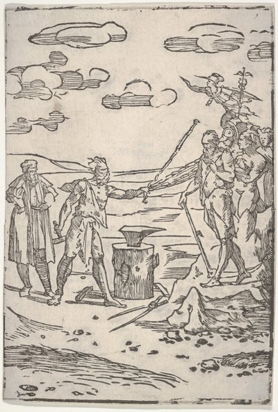 Forfalskeren står ved en ambolt og trekker en mann i lenker, fra serien The var..., ca. 1540-1550. av Domenico di Pace Beccafumi  