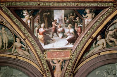 Offeret til Seleucos de Locres (Seleucus de Locride) Seleucos, etter å ha mistet et øye til sønnen, forplikter et offer for å rettferdiggjøre bruken av det forbudte våpenet i senatet. Fresco av Domenico di Giacomo di Pace dit Beccafumi (1486-1 av Domenico Beccafumi