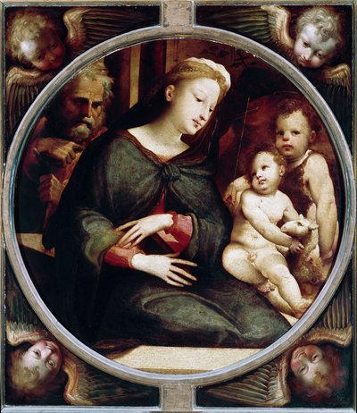 Tondo omgir engler med hellig familie med døperen Johannes. Maleri av Domenico Beccafumi (1486-1551), rundt 1521-1522. tre. Diameter: 88 cm. Italia, Firenze, Pitti-palasset, Palatinergalleriet. Firenze, Palazzo Pitti, Galleria Palatina av Domenico Beccafumi