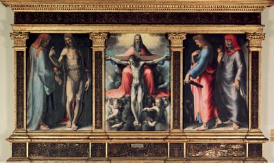 Treenighetens Triptych: Saint Cosimo (Kom eller Cosimo), Saint John the Baptist, the Trinity, Saint John the Evangelist og Saint Damien. Sett inn "" INRI"" på krysset. Maleri av Domenico Beccafumi (1486-1551) av Domenico Beccafumi