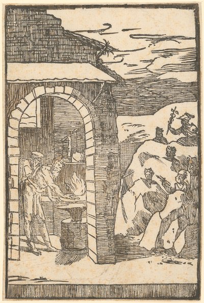 Vulkan og filosofen (Teoria) arbeider i smia, mens metallene utenfor gjemmer seg i fjellene, blad 1 i serien «De la Pirotechnia» av Domenico Beccafumi