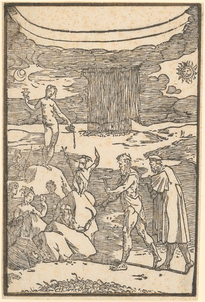 Vulkan og filosofen (Teoria) begir seg ut på leting etter metallene som er innkapslet i bergarter, blad 2 i serien «De la Pirotechnia» av Domenico Beccafumi
