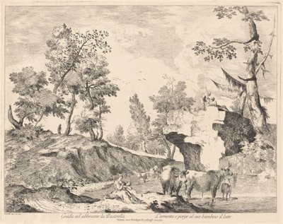 Landskap med gjeterinne og flokk ved et vannhull av Domenico Bernardo Zilotti