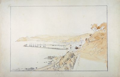 Porto Maurizio sett fra Oneglia, ca 1859, av Pasquale Domenico Cambiaso (1811-1894), Italia Blyant og akvarell. av Domenico Cambiaso