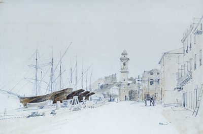 View of Weapons at Taggia, ca 1860, av Pasquale Domenico Cambiaso (1811-1894), Italia Blyant og akvarell. av Domenico Cambiaso