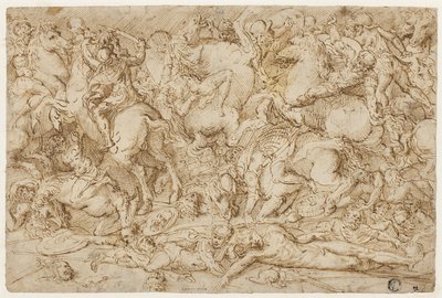 Kampscene med hester og menn av Domenico Campagnola