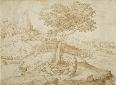 Callistos transformasjon til en bjørn etter fødselen av Arcas, ca. 1558 (penn og brunt blekk på kremfarget papir) av Domenico Campagnola