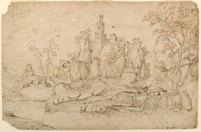 Fantasilandskap med vannmølle av Domenico Campagnola