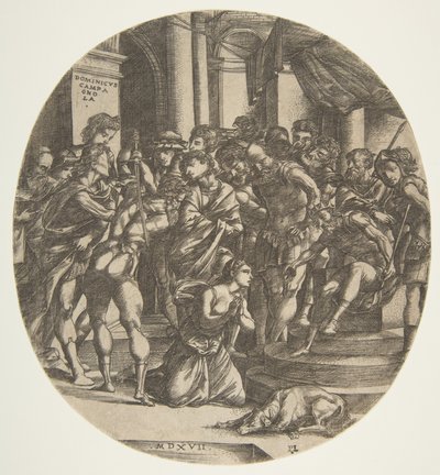 Kvinneskikkelse Saint Catherine kneler på bakken i midten og trygler til en mannsfigur..., 1517. av Domenico Campagnola
