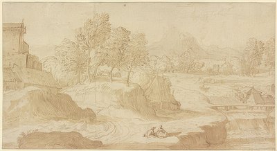 Figurativt landskap, til høyre en elv med en bro nær møller, foran to sittende figurer av Domenico Campagnola