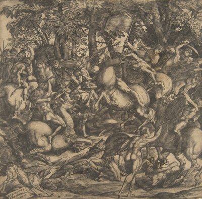 Gruppe nakne menn engasjert i kamp i et skogslandskap, noen på hesteryggen, en hund på lo..., 1517. av Domenico Campagnola