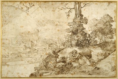 Landskap med astrologi (penn og brunt blekk på papir) av Domenico Campagnola