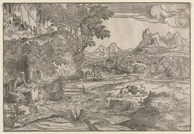 Landskap med Saint Hieronymus og to løver av Domenico Campagnola