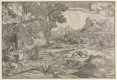 Landskap med Saint Hieronymus og to løver, ca. 1530-35. av Domenico Campagnola