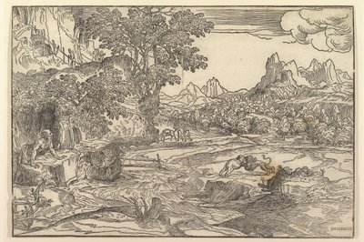 Landskap med Saint Hieronymus til venstre som ser mot løve og bjørn som slåss ved cente..., ca. 1530-35. av Domenico Campagnola