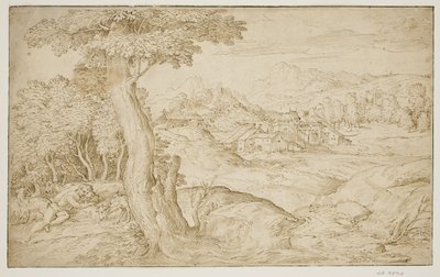 Landskap med en by og en sovende gjeter av Domenico Campagnola