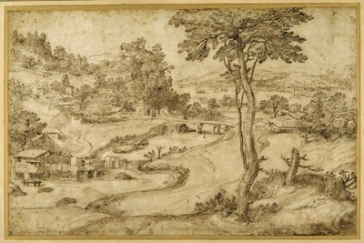 Landskap med en svingete elv (penn og brunt blekk på hvitt papir) av Domenico Campagnola