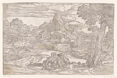 Landskap med et par med dreieskiver av Domenico Campagnola