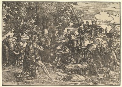 Maria satt under trær med baby, flankert av Josef til venstre og St. Hieronymus til høyre, St..., 1517. av Domenico Campagnola