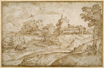Fjelllandskap med et slott og andre bygninger ved en elv; en mann som skynder seg en kvinne, til høyre, ca. 1540 (penn og brunt blekk på hvitt papir) av Domenico Campagnola