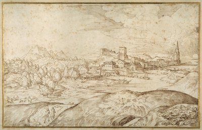 Fjelllandskap med en elv og en befestet by med et tårn med spir (penn og brunt blekk på hvitt papir) av Domenico Campagnola