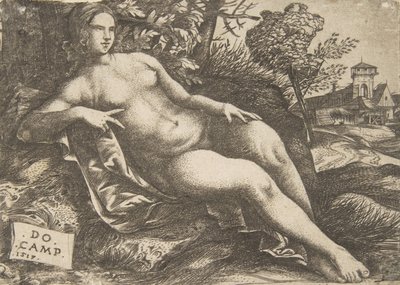 Naken kvinne Venus liggende i et landskap, 1517. av Domenico Campagnola