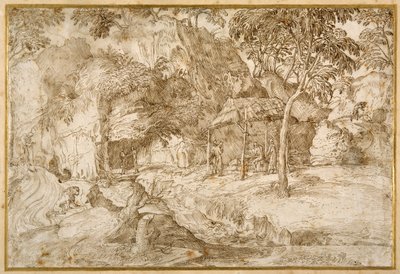 Pilegrimer som besøker St. Jerome i villmarken (penn og brunt blekk på hvitt papir) av Domenico Campagnola
