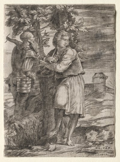 Shepherd and Old Warrior, 1517. av Domenico Campagnola
