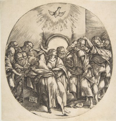 Den Hellige Ånd som en fugl som stiger ned med spredte vinger øverst i midten, de tolv apostlene ..., 1518. av Domenico Campagnola