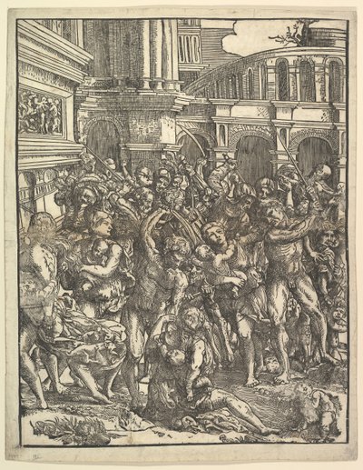The Massacre of the Innocents Høyre side med en gruppe mannlige skikkelser som angriper kvinner og ..., 1517. av Domenico Campagnola