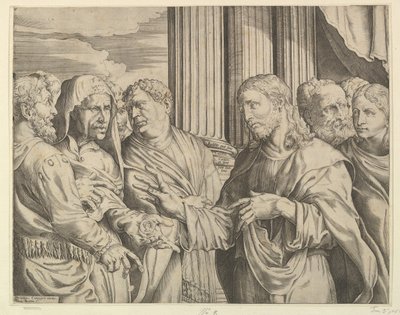 The Tribute Money: Kristus i midten til høyre og gestikulerer til mannen til venstre med mynter ..., ca. 1564-89. av Domenico Campagnola