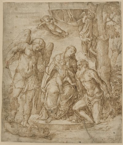 Jomfruen og barnet med de hellige Michael og Hieronymus, ca. 1520-25 av Domenico Campagnola