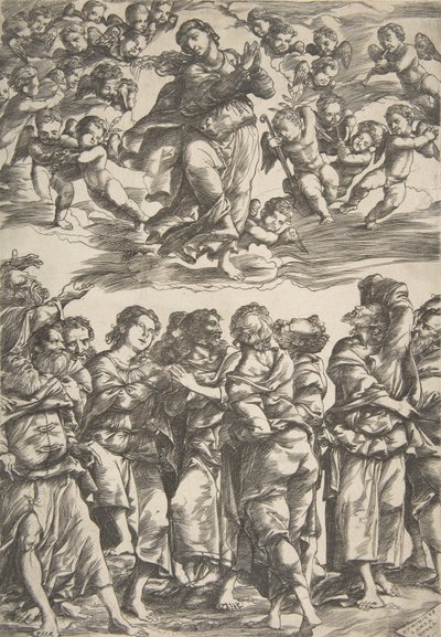 Jomfruen øverst i midten i skyer med foldede hender og høyre fot hevet, omgitt av..., 1517. av Domenico Campagnola
