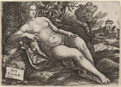 Venus liggende i et landskap av Domenico Campagnola