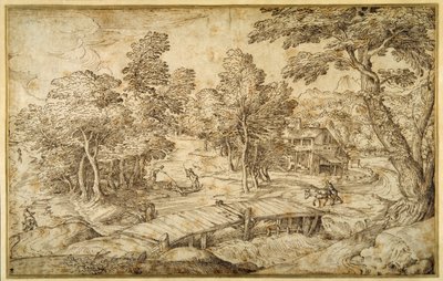 Skoglandskap med en gård og en trebro over en sluse (penn og brunt blekk på papir) av Domenico Campagnola