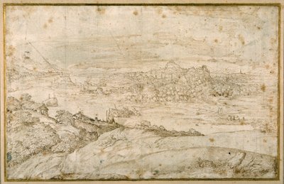 Skoglandskap med en svingete elv; i det fjerne en by, en blanding av spir og kupler med antikke ruiner (penn og brunt blekk på hvitt papir) av Domenico Campagnola