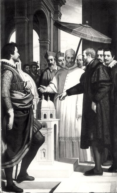 Michelangelo (1475-1564) presenterer en modell av kuppelen til St. Peters for pave Paul IV (1476-1559) av Domenico Cresti