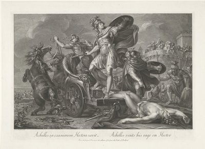 Achilles sleept het lijk van Hector achter zijn wagen Achilles in exanimem Hectora saevit / Achilles vents his rage on Hector (title on object)   1356843   no       norwegian Successfully Translated  Original: Michel le Masle Translat: Michel le Masle 1305 av Domenico Cunego