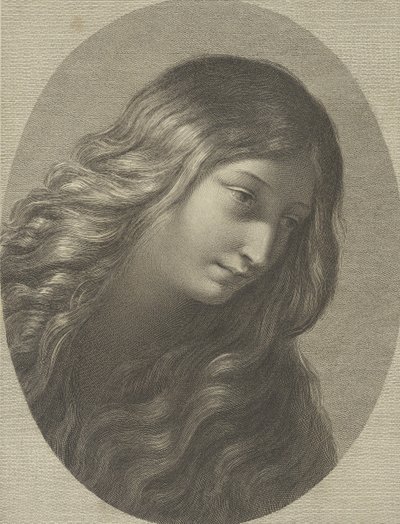 Hodet til Maria Magdalena ser ned til høyre, i en oval ramme, etter Ren..., ca. 1745-1803. av Domenico Cunego