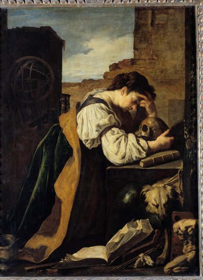 Melancholia En trist ung kvinne bøyer seg over hodet til en hodeskalle, en armillarkule bak henne. Maleri (Vanity) av Domenico Feti (1589-1624) Søn. 1,71x1,28 m. av Domenico Feti