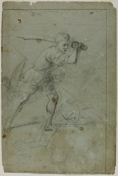 David halshugger Goliat (rekto); Skisse av drapert kvinnefigur med høyre arm hevet over hodet (verso) av Domenico Fiasella